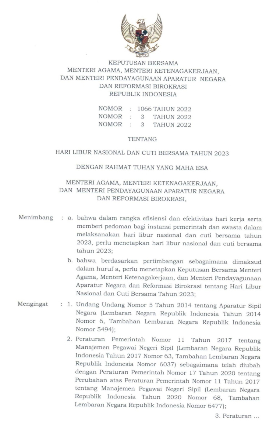 Keputusan Bersama Menteri Agama, Menteri Ketenagakerjaan, dan Menteri Pendayagunaan Aparatur Negara dan Reformasi Birokrasi RI Terkait Hari Libur Nasional dan Cuti Bersama Tahun 2023