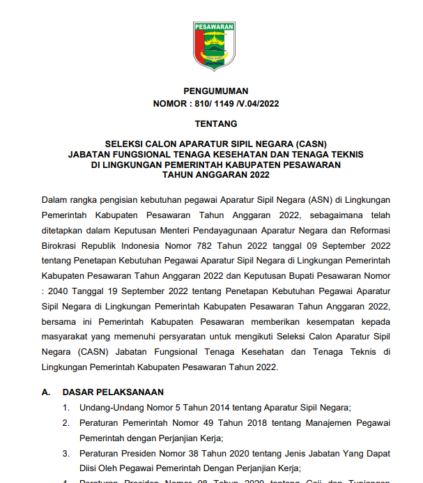 PENGUMUMAN SELEKSI CASN JABATAN FUNGSIONAL TENAGA KESEHATAN DAN TENAGA TEKNIS DI KABUPATEN PESAWARAN 2022