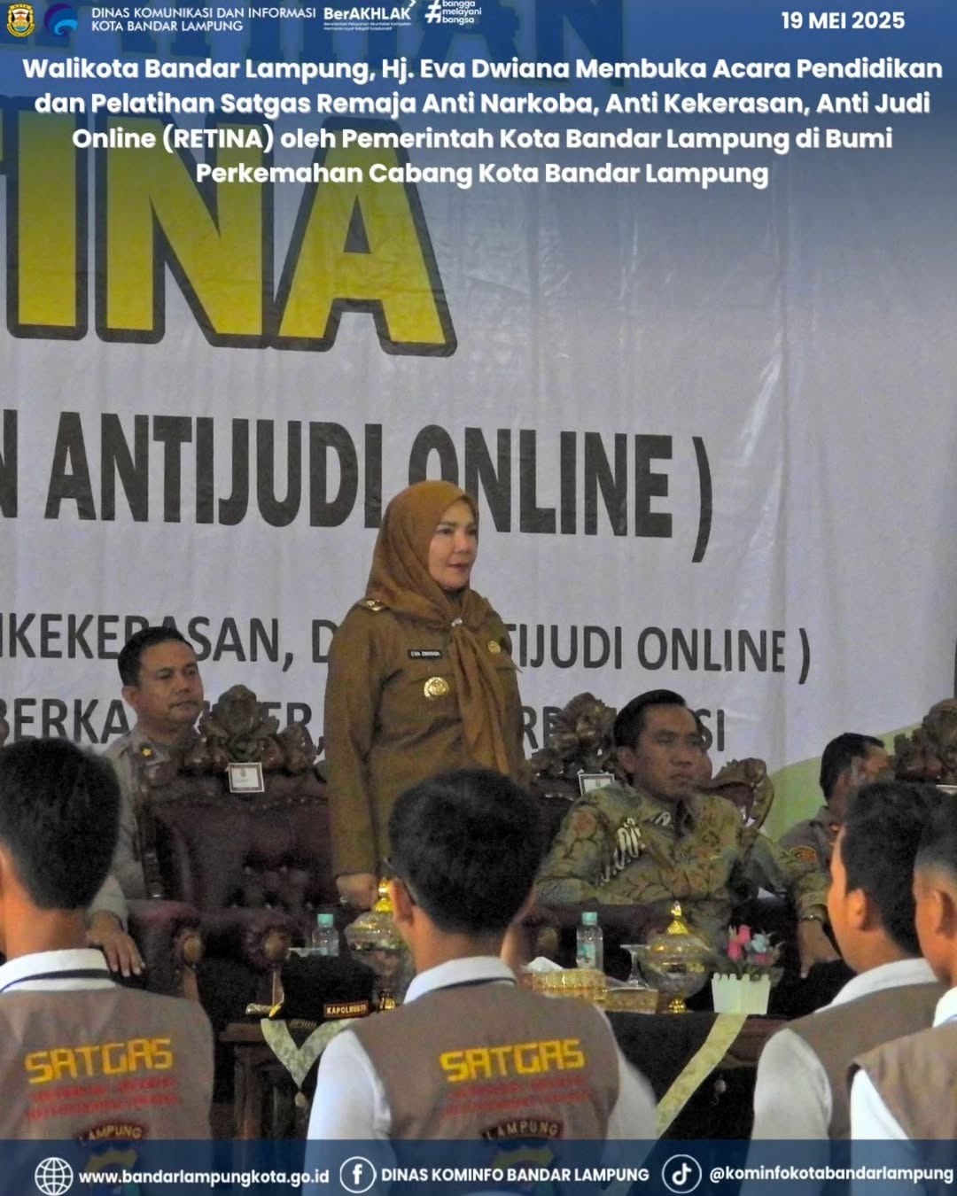 Walikota Bandar Lampung, Hj. Eva Dwiana Membuka Acara Pendidikan dan Pelatihan Satgas Remaja Anti Narkoba, Anti Kekerasan, Anti Judi Online (RETINA) oleh Pemerintah Kota Bandar Lampung di Bumi Perkemahan Cabang Kota Bandar Lampung