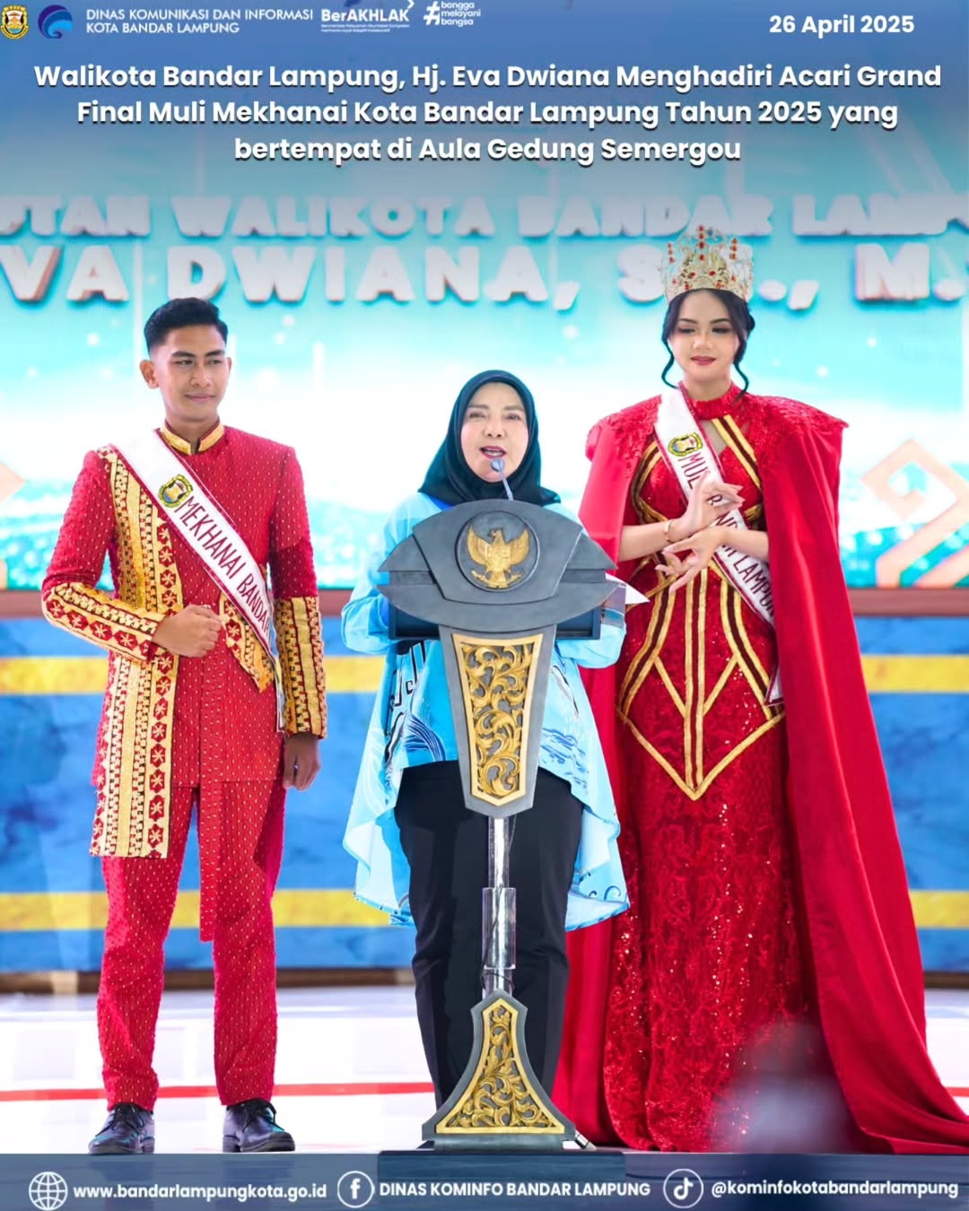 Walikota Bandar Lampung, Hj. Eva Dwiana Menghadiri Acara Grand Final Muli Mekhanai Kota Bandar Lampung Tahun 2025 Yang Bertempat di Aula Gedung Semergou