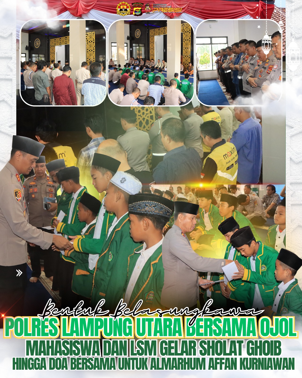 Bentuk Belasungkawa, Polres Lampung Utara Bersama Ojol, Mahasiswa dan LSM Gelar Sholat Ghoib Hingga Doa bersama untuk Almarhum Affan Kurniawan